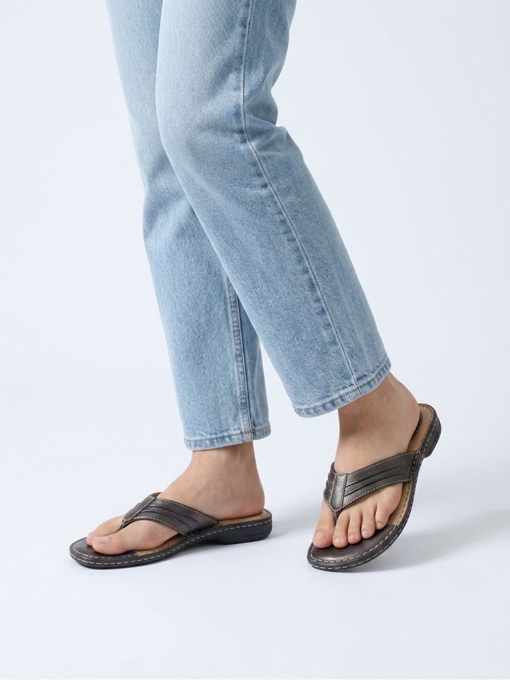 Børn Metallic Pewter Bronze Leather Thong Comfort Flip Flop Sandals Size 8/39